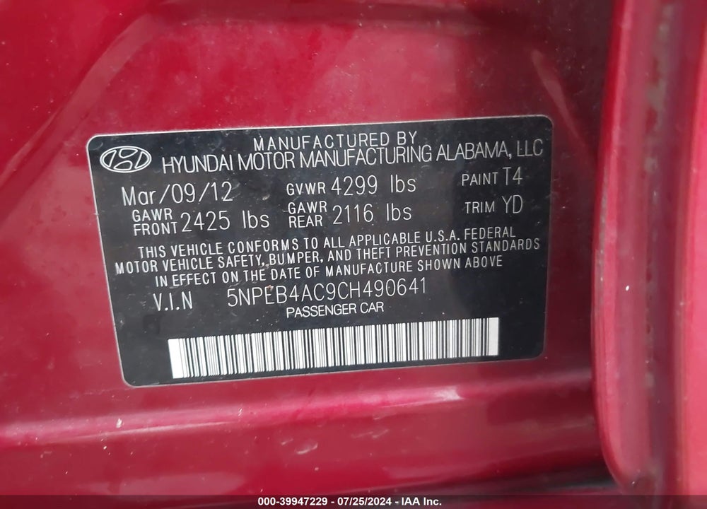 2012 HYUNDAI SONATA GLS VIN: 5NPEB4AC9CH490641