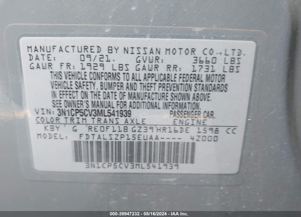 2021 NISSAN KICKS SV XTRONIC CVT VIN: 3N1CP5CV3ML541939