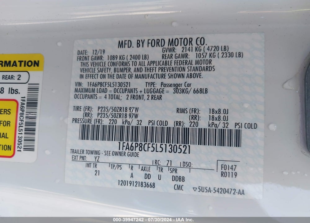 2020 FORD MUSTANG GT FASTBACK VIN: 1FA6P8CF5L5130521