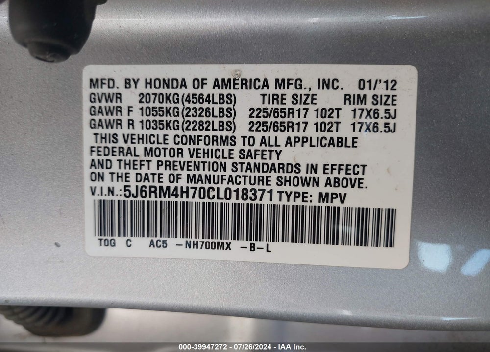 2012 HONDA CR-V EX-L VIN: 5J6RM4H70CL018371