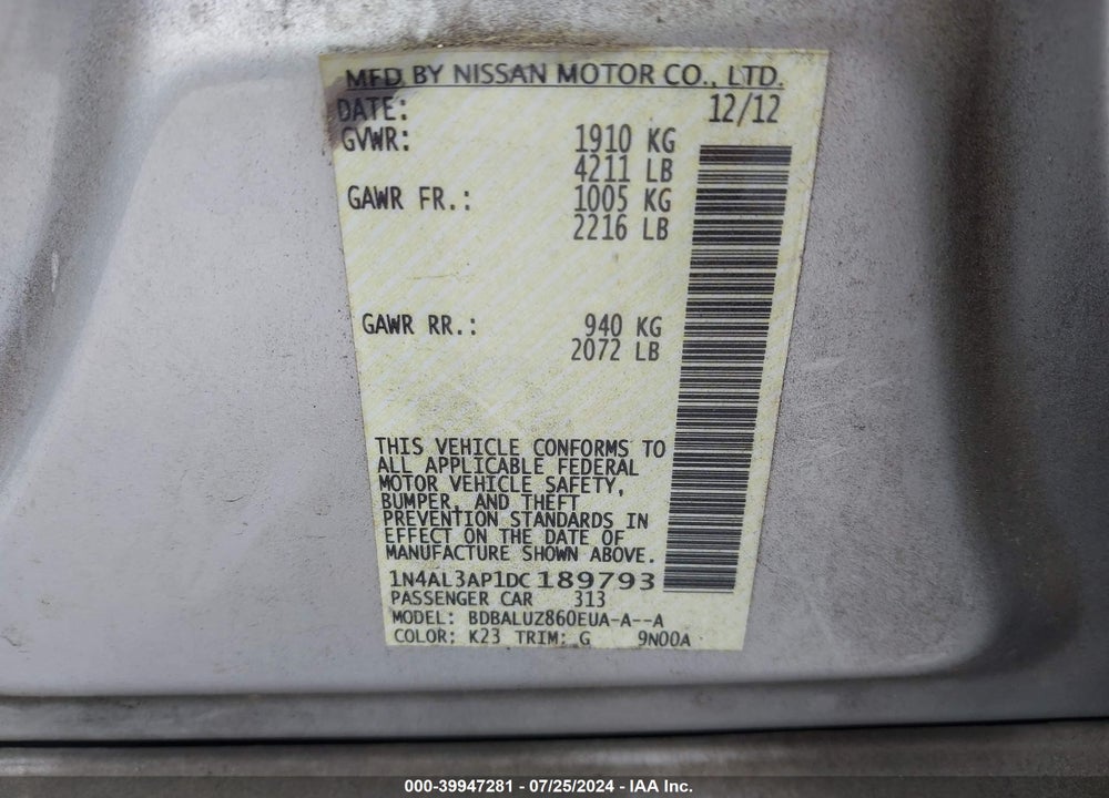 2013 NISSAN ALTIMA 2.5 SV VIN: 1N4AL3AP1DC189793