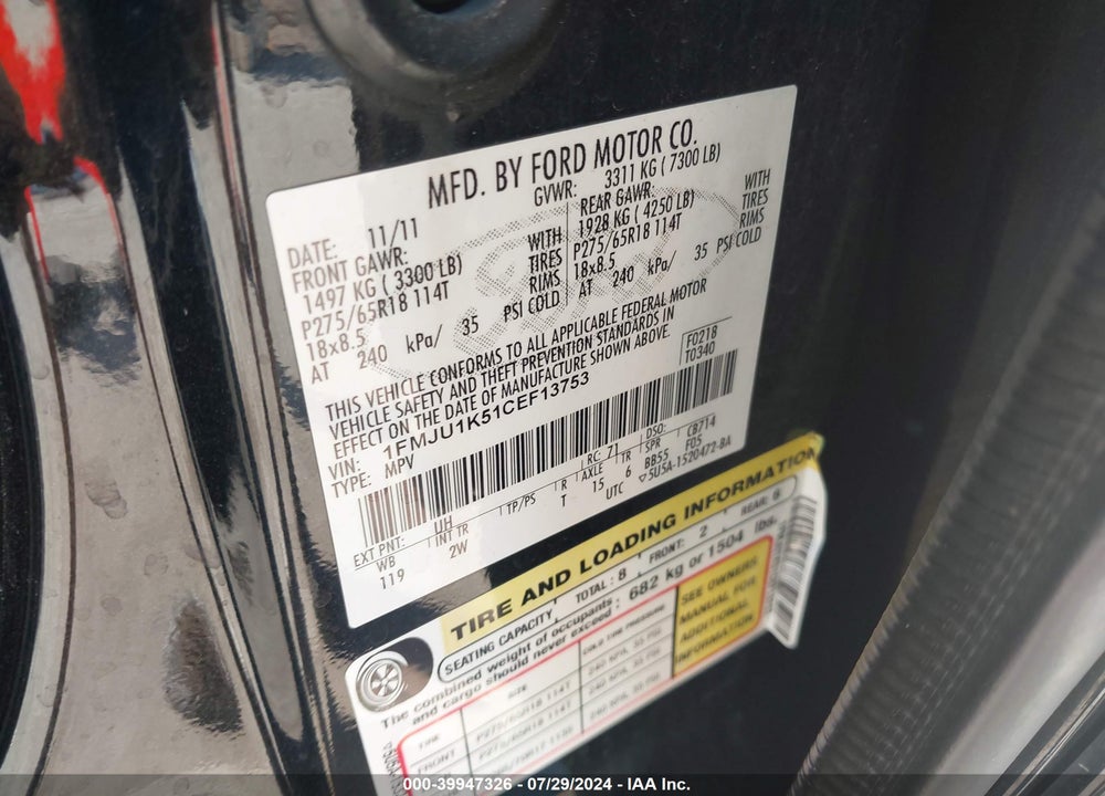 2012 FORD EXPEDITION LIMITED VIN: 1FMJU1K51CEF13753