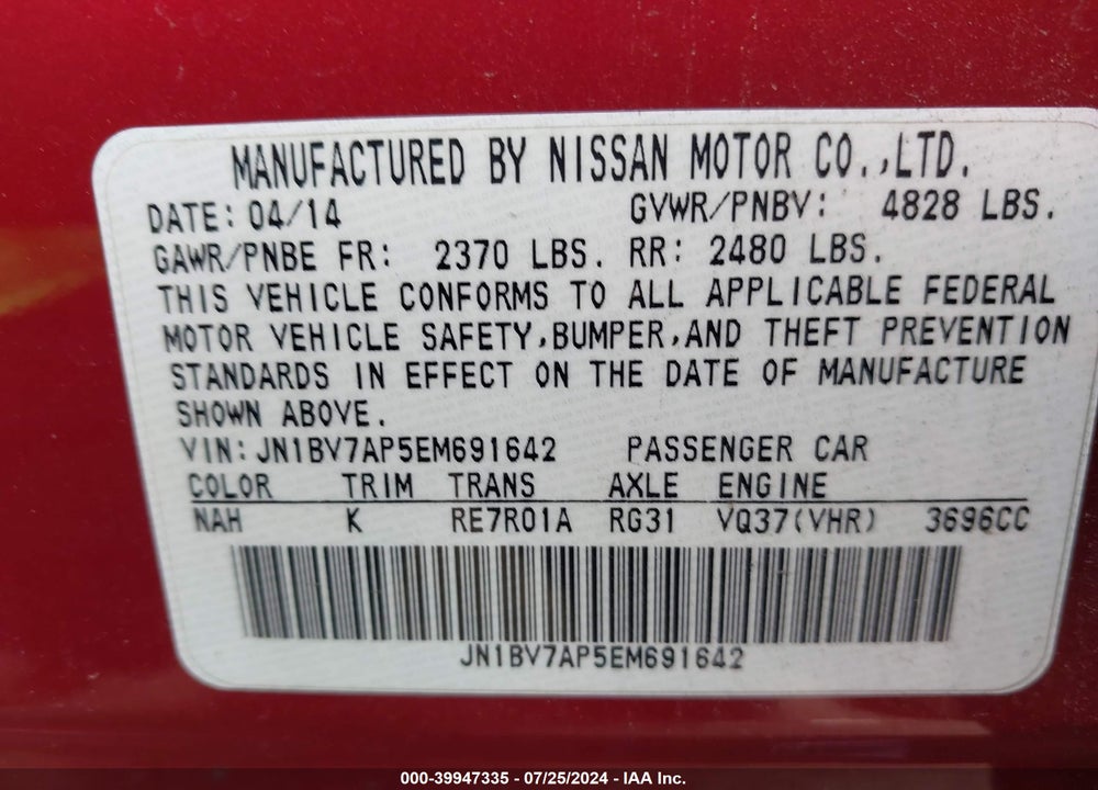 2014 INFINITI Q50 VIN: JN1BV7AP5EM691642