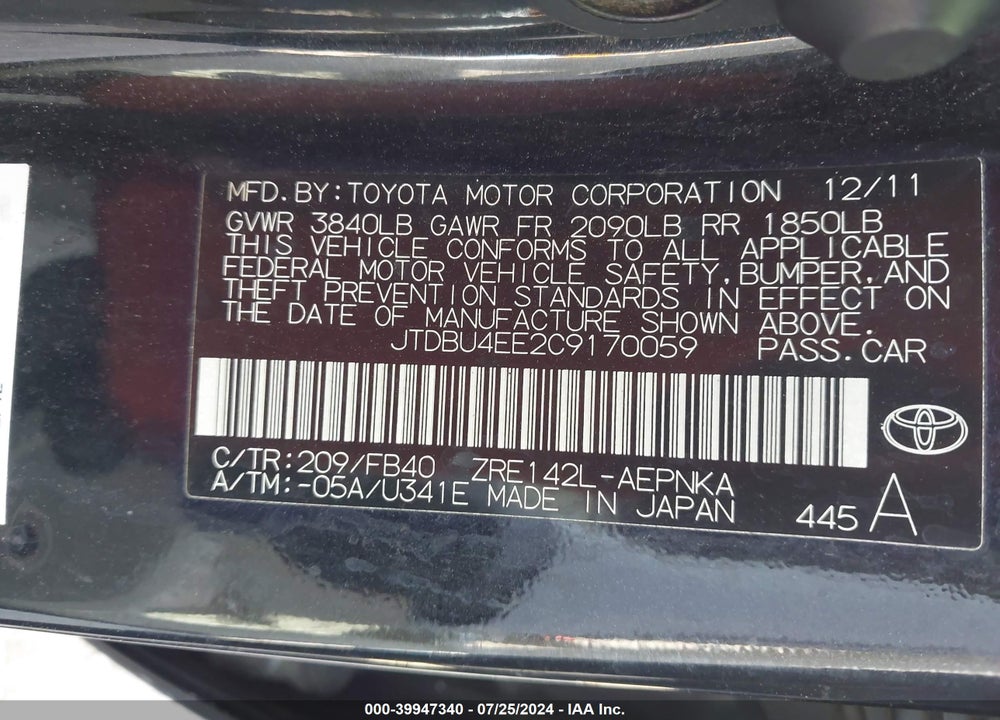 2012 TOYOTA COROLLA LE VIN: JTDBU4EE2C9170059