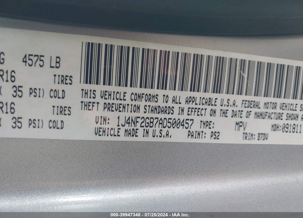 2010 JEEP PATRIOT SPORT VIN: 1J4NF2GB7AD500457
