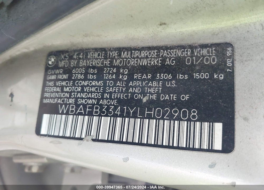 2000 BMW X5 4.4 VIN: WBAFB3341YLH02908