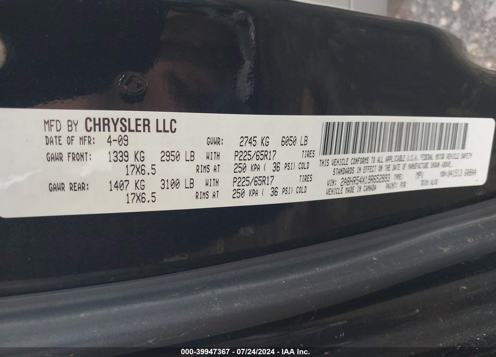 2009 CHRYSLER TOWN & COUNTRY TOURING VIN: 2A8HR54X19R652893