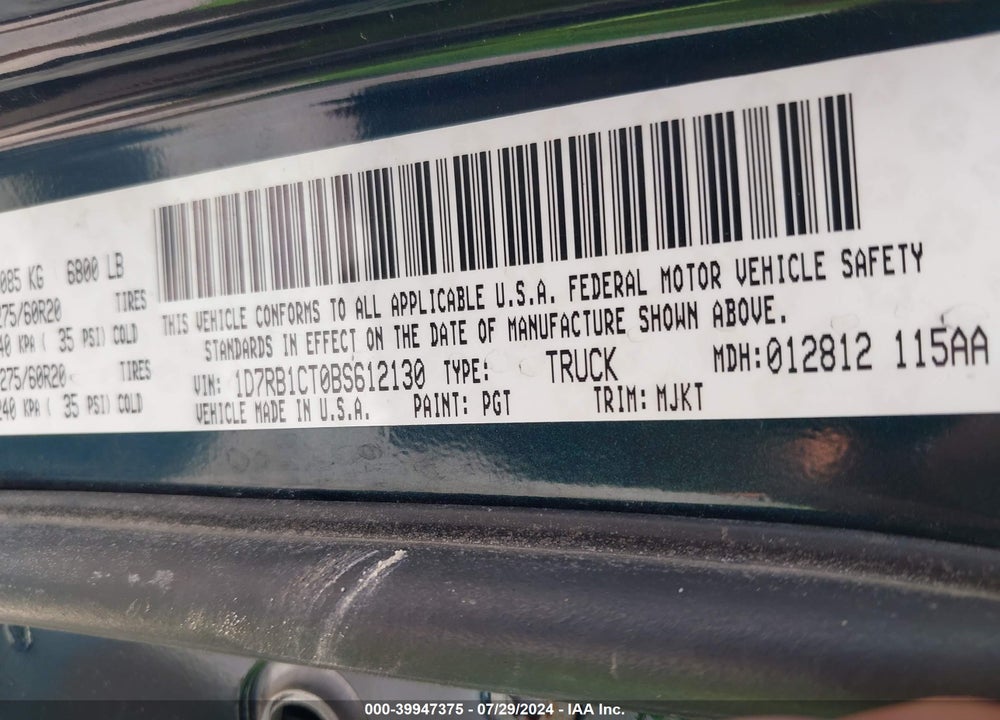 2011 RAM 1500 SLT VIN: 1D7RB1CT0BS612130