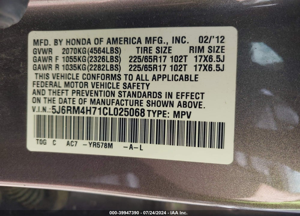 2012 HONDA CR-V EX-L VIN: 5J6RM4H71CL025068
