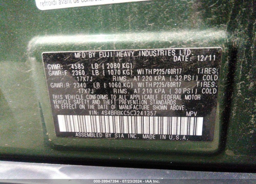 2012 SUBARU OUTBACK 2.5I LIMITED VIN: 4S4BRBKC5C3241357