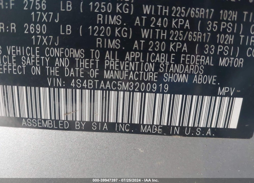 2021 SUBARU OUTBACK VIN: 4S4BTAAC5M3200919
