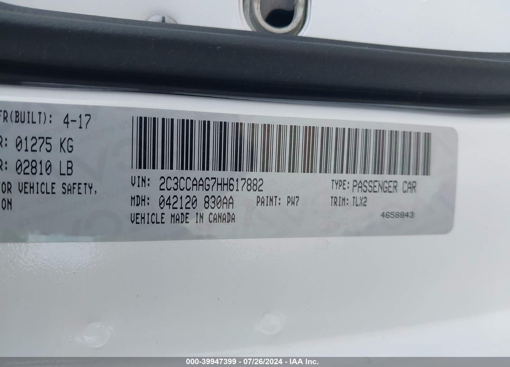 2017 CHRYSLER 300 LIMITED VIN: 2C3CCAAG7HH617882