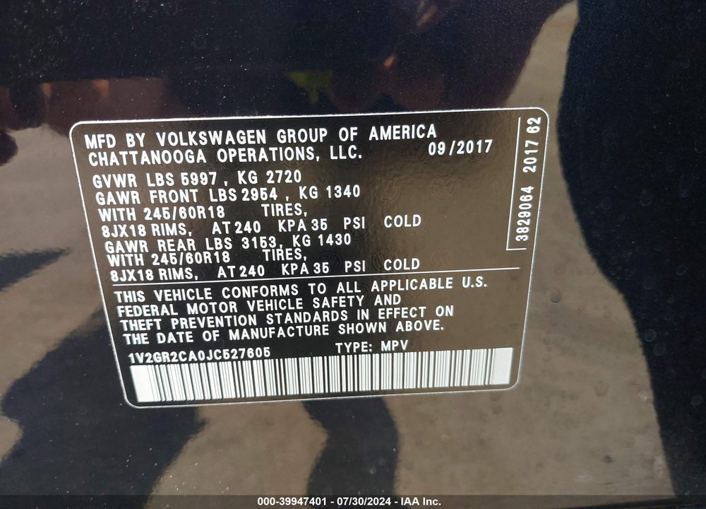 2018 VOLKSWAGEN ATLAS 3.6L V6 S VIN: 1V2GR2CA0JC527605