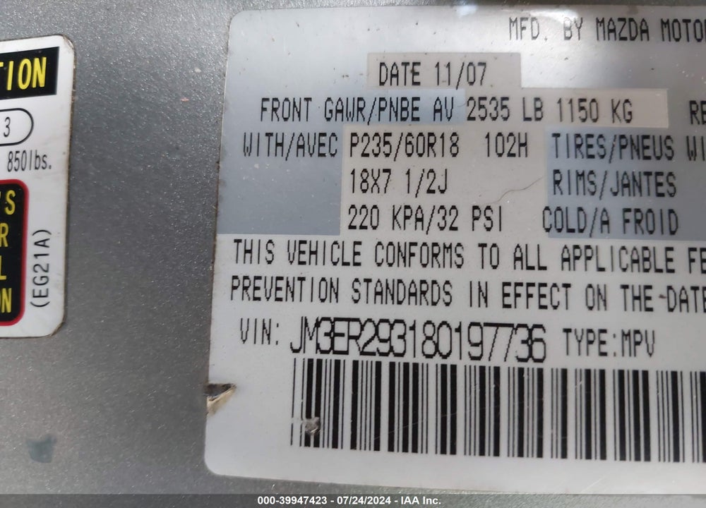 2008 MAZDA CX-7 SPORT VIN: JM3ER293180197736