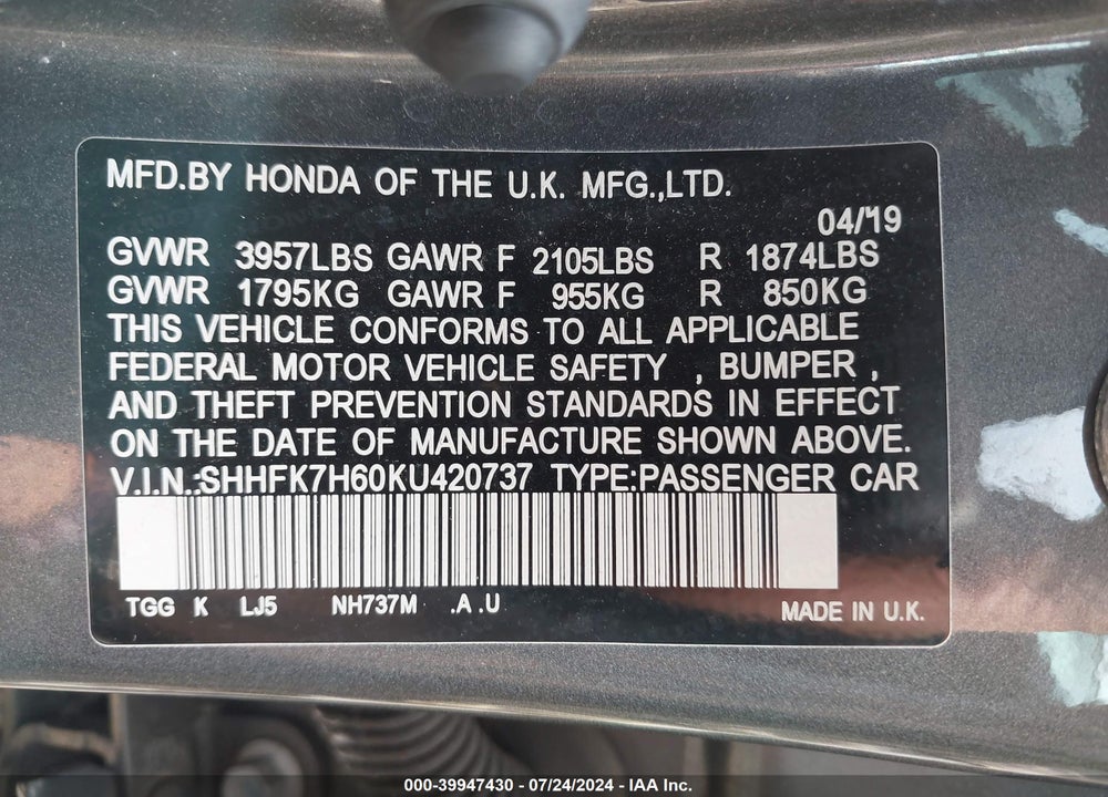 2019 HONDA CIVIC VIN: SHHFK7H60KU420737