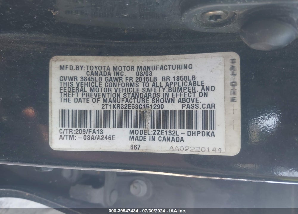2003 TOYOTA MATRIX STANDARD/XR VIN: 2T1KR32E53C151290
