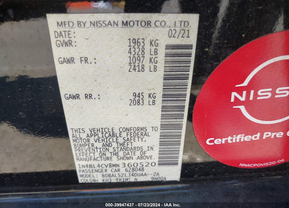 2021 NISSAN ALTIMA SR FWD VIN: 1N4BL4CV8MN360520
