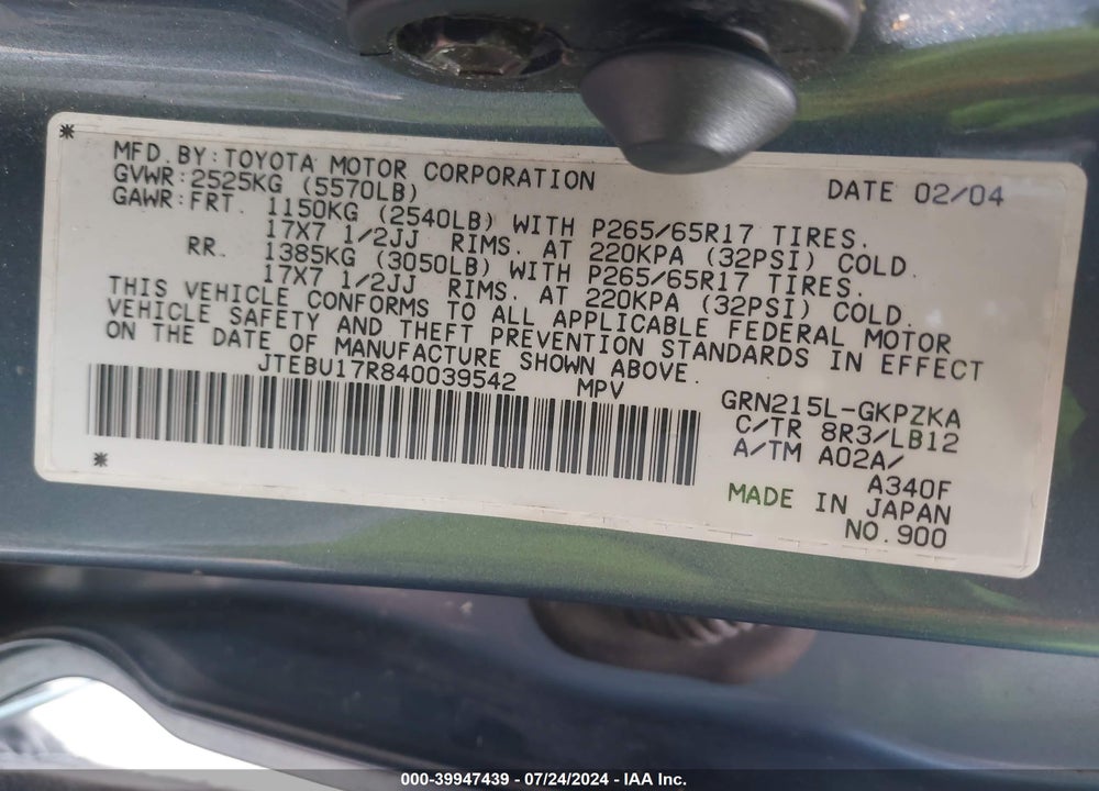 2004 TOYOTA 4RUNNER LIMITED V6 VIN: JTEBU17R840039542