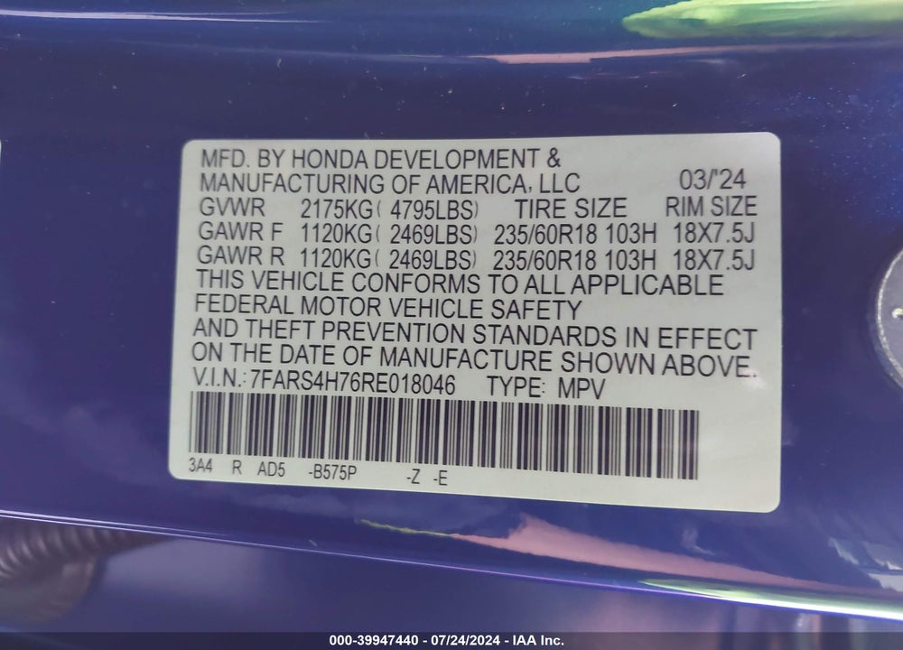 2024 HONDA CR-V EX-L AWD VIN: 7FARS4H76RE018046