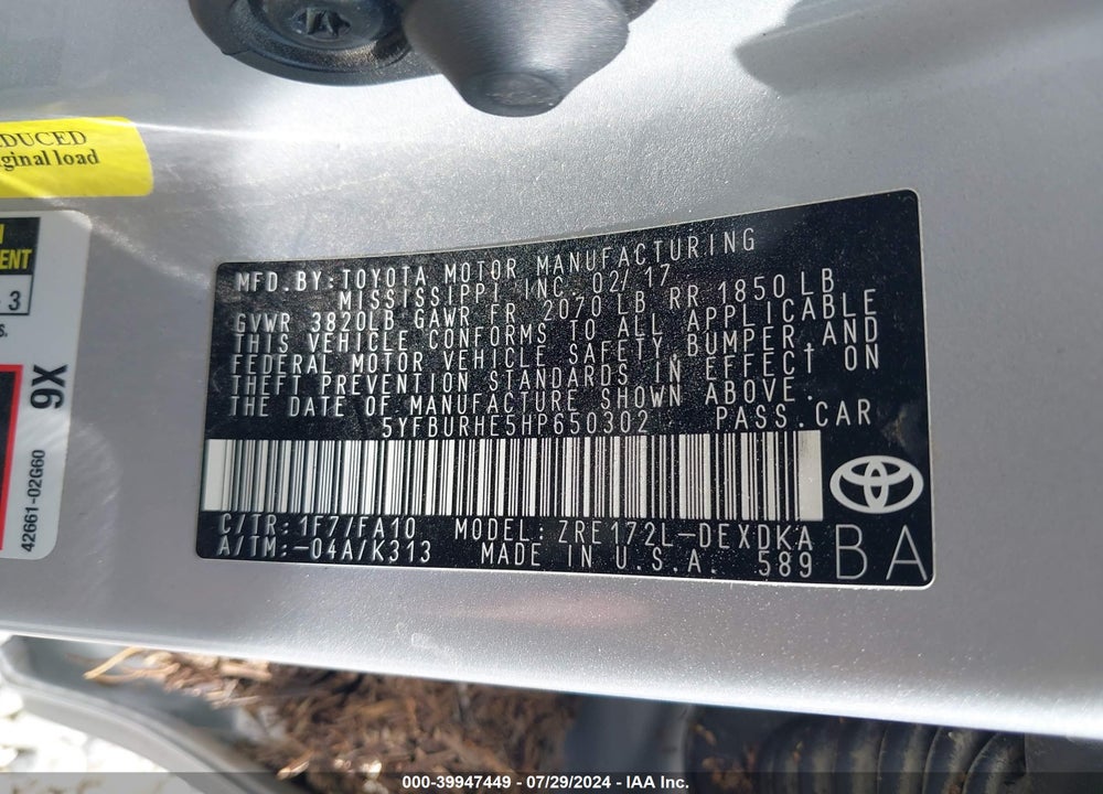 2017 TOYOTA COROLLA L VIN: 5YFBURHE5HP650302