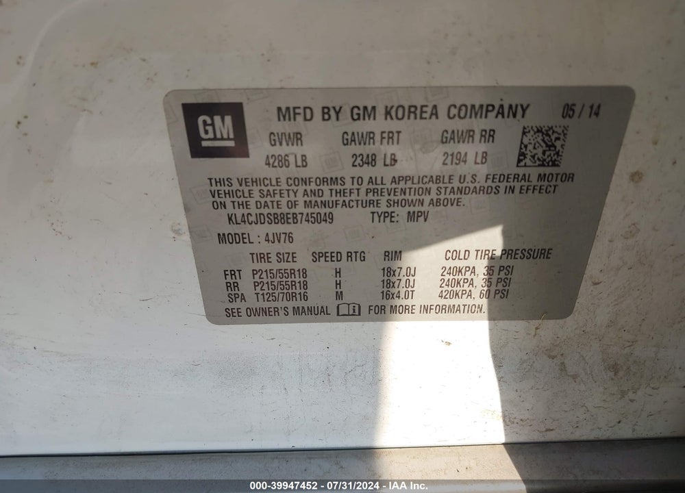 2014 BUICK ENCORE PREMIUM VIN: KL4CJDSB8EB745049