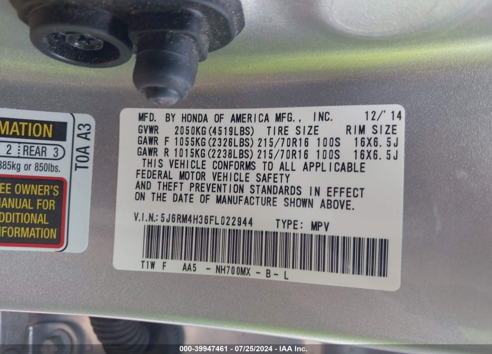 2015 HONDA CR-V LX VIN: 5J6RM4H36FL022944