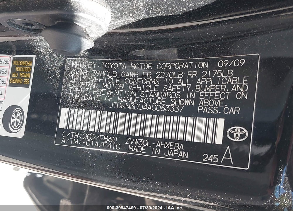 2010 TOYOTA PRIUS I/II/III/IV/V VIN: JTDKN3DU4A0063337