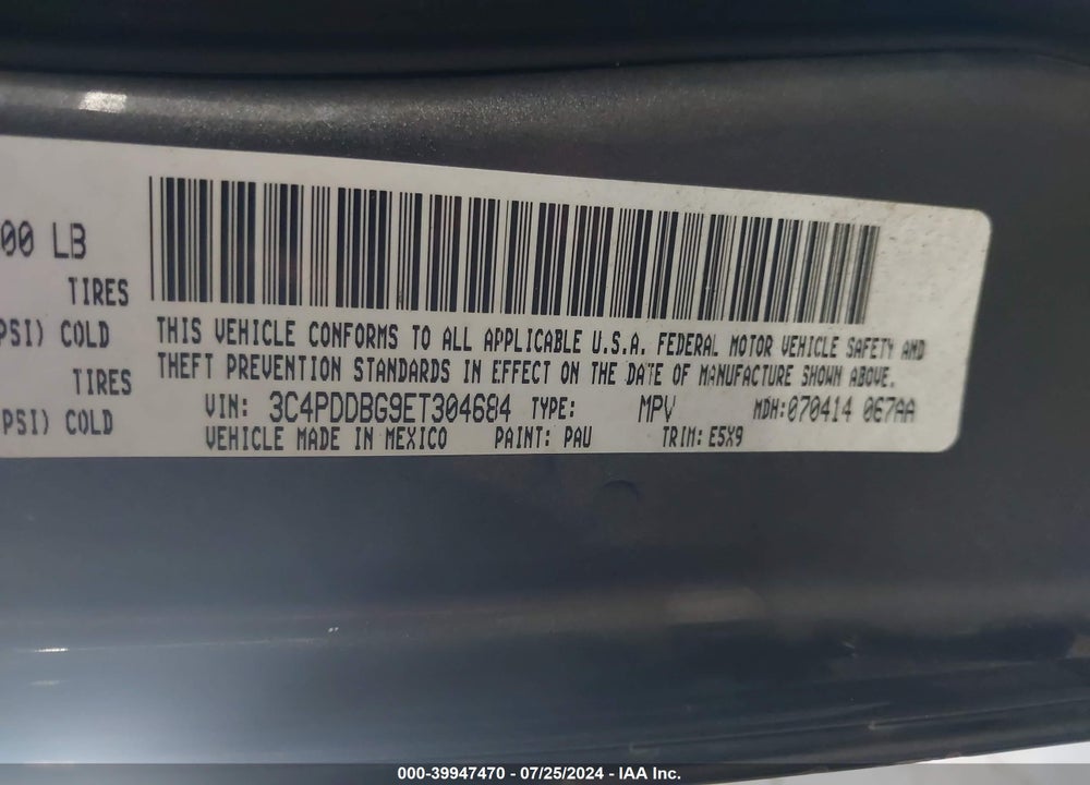 2014 DODGE JOURNEY SXT VIN: 3C4PDDBG9ET304684