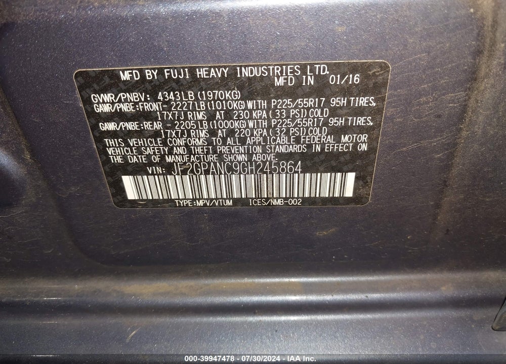 2016 SUBARU CROSSTREK 2.0I LIMITED VIN: JF2GPANC9GH245864