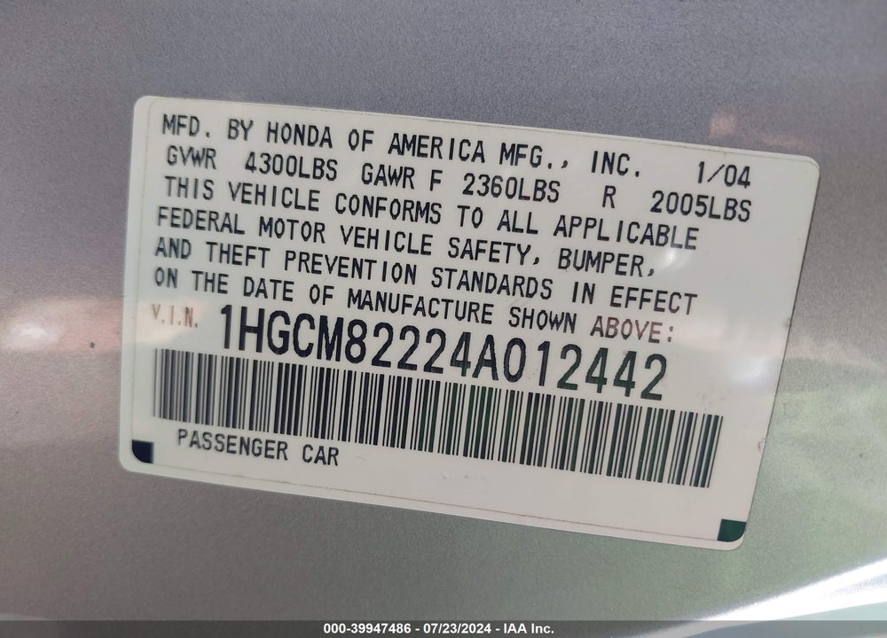2004 HONDA ACCORD 3.0 LX VIN: 1HGCM82224A012442