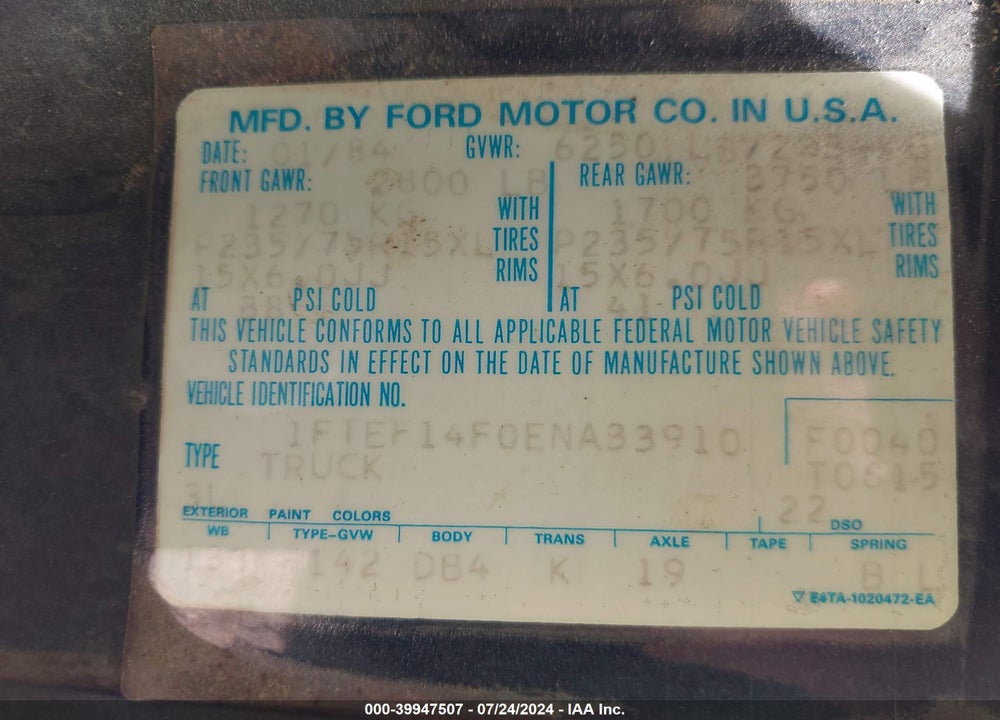 1984 FORD F150 VIN: 1FTEF14F0ENA33910
