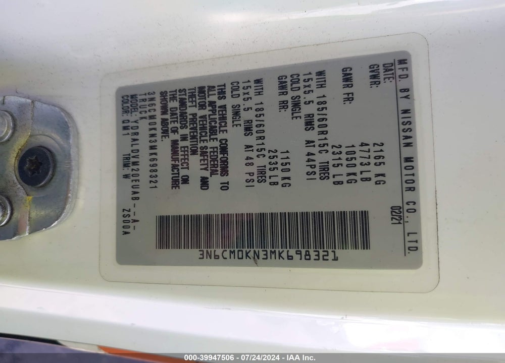 2021 NISSAN NV200 COMPACT CARGO S XTRONIC CVT VIN: 3N6CM0KN3MK698321