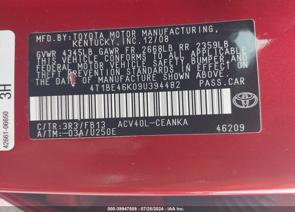 2009 TOYOTA CAMRY LE/SE/XLE VIN: 4T1BE46K09U394482