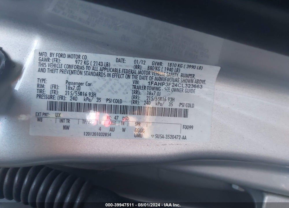 2012 FORD FOCUS SE VIN: 1FAHP3F24CL323663