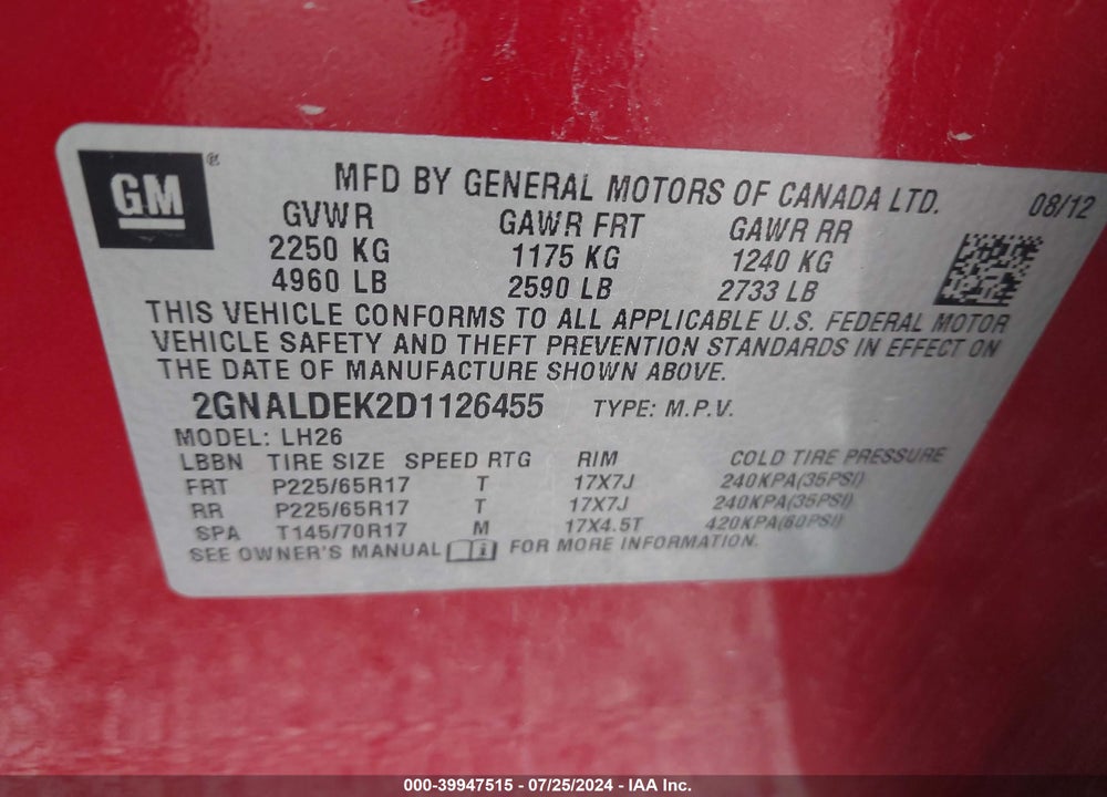 2013 CHEVROLET EQUINOX 1LT VIN: 2GNALDEK2D1126455