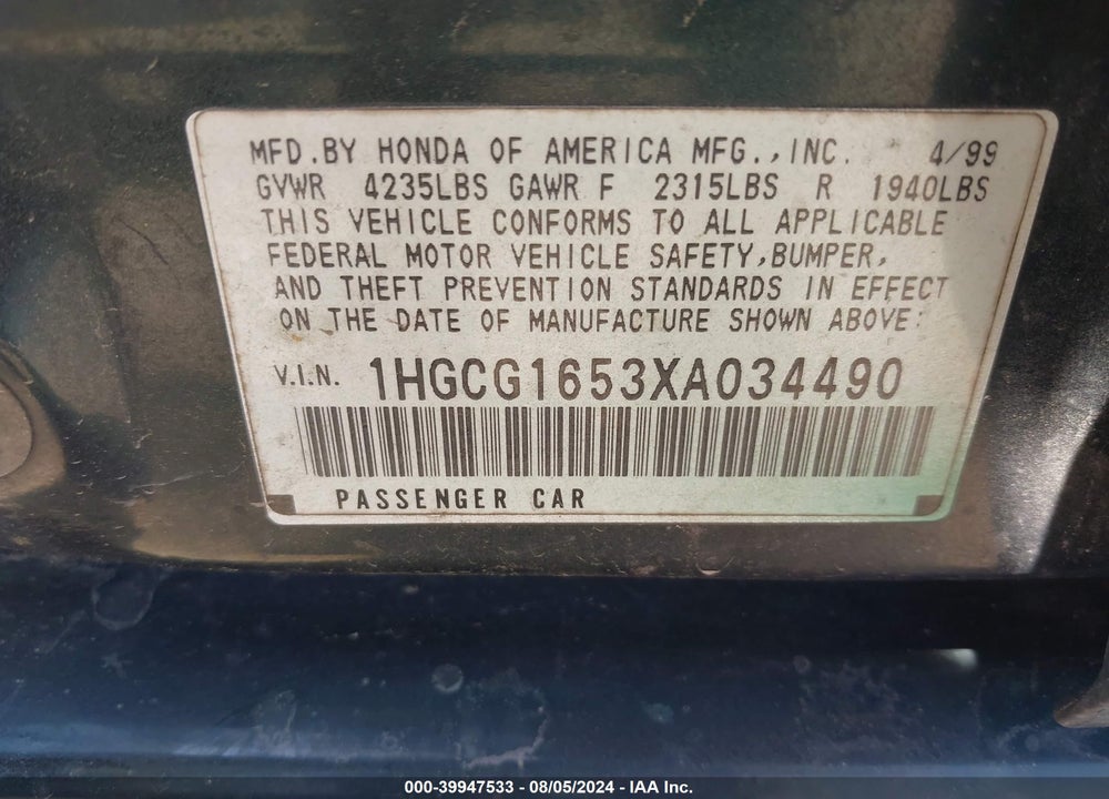 1999 HONDA ACCORD EX V6 VIN: 1HGCG1653XA034490