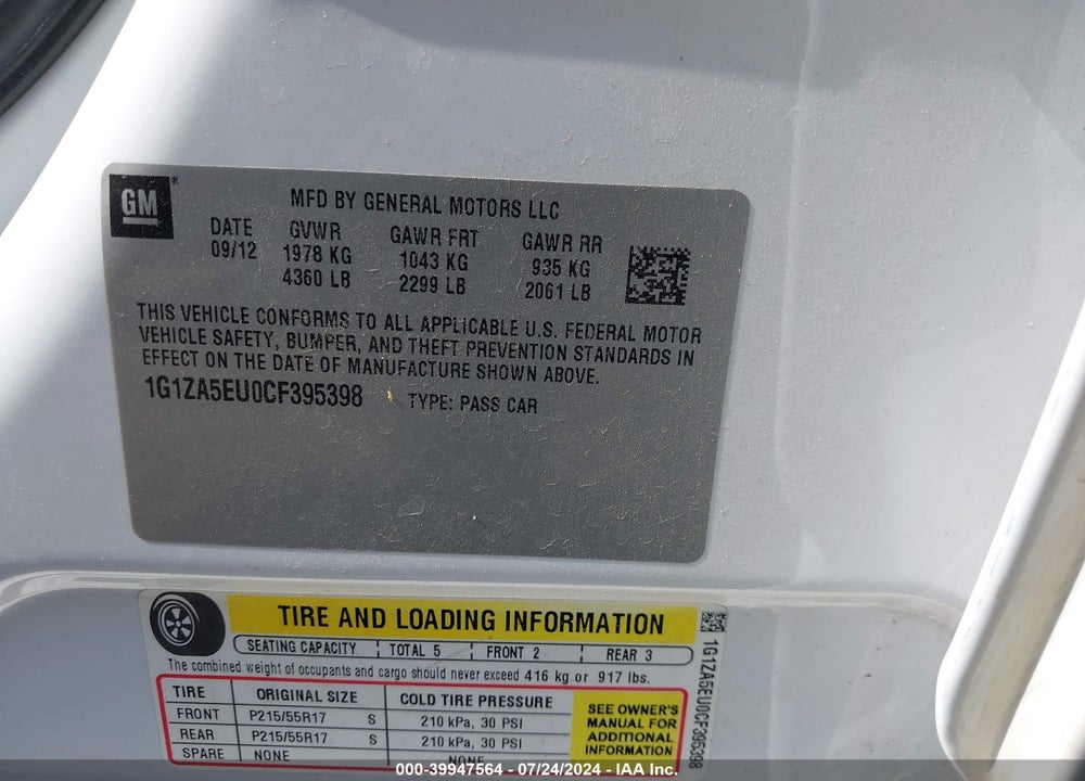 2012 CHEVROLET MALIBU LS VIN: 1G1ZA5EU0CF395398