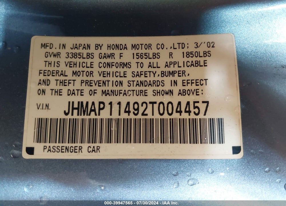 2002 HONDA S2000 VIN: JHMAP11492T004457