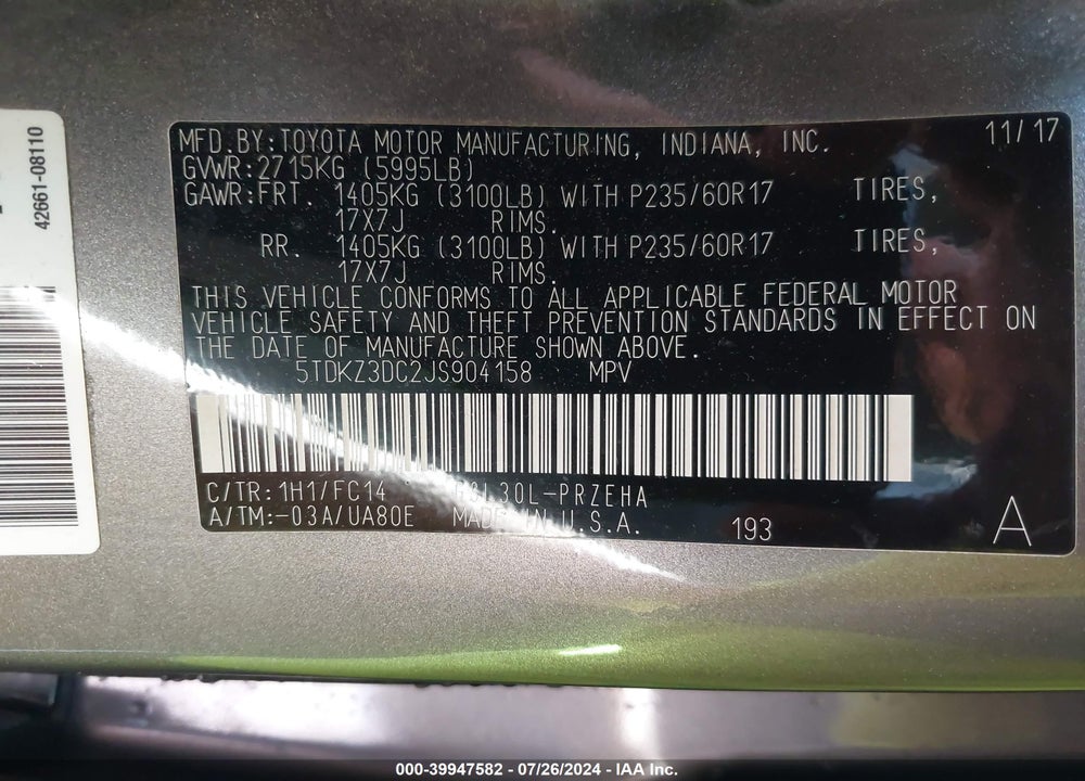 2018 TOYOTA SIENNA LE 8 PASSENGER VIN: 5TDKZ3DC2JS904158
