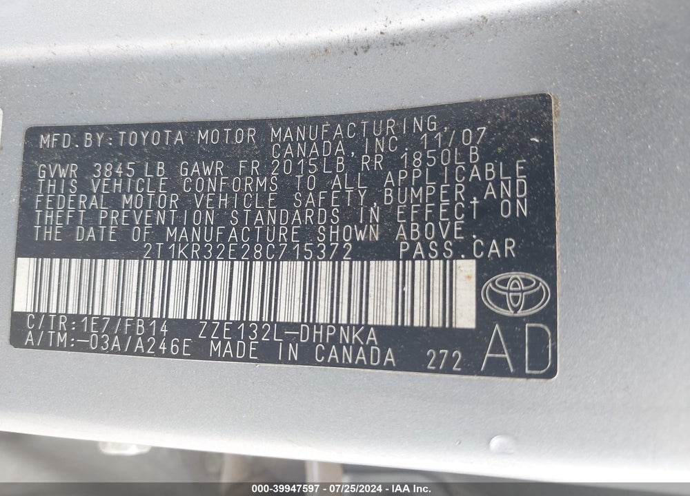 2008 TOYOTA MATRIX/XR VIN: 2T1KR32E28C715372