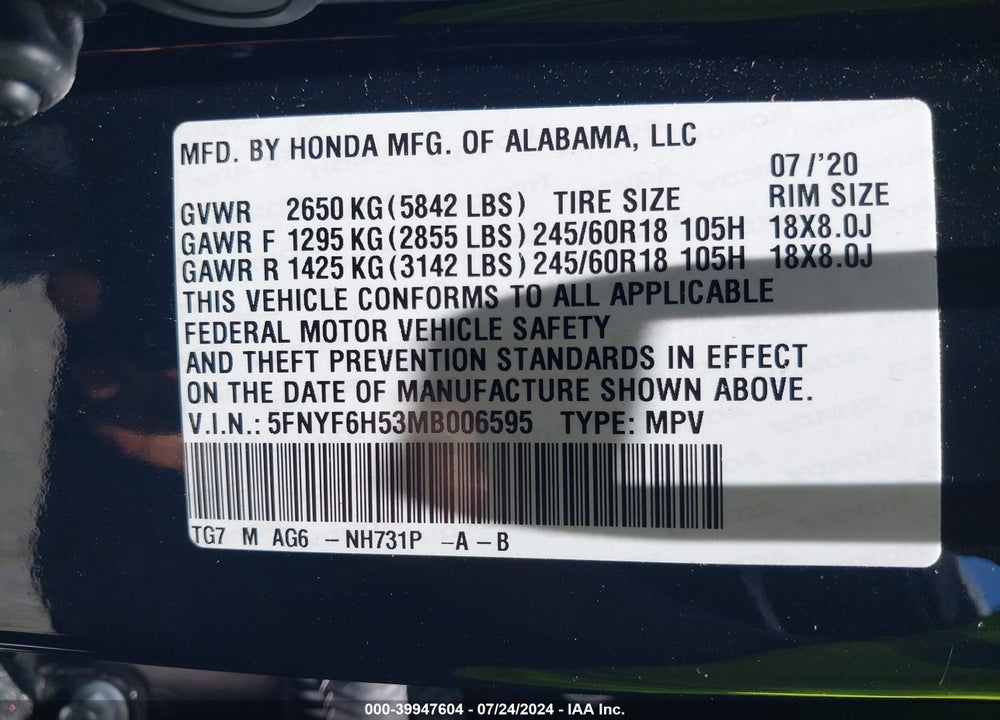 2021 HONDA PILOT AWD EX-L VIN: 5FNYF6H53MB006595