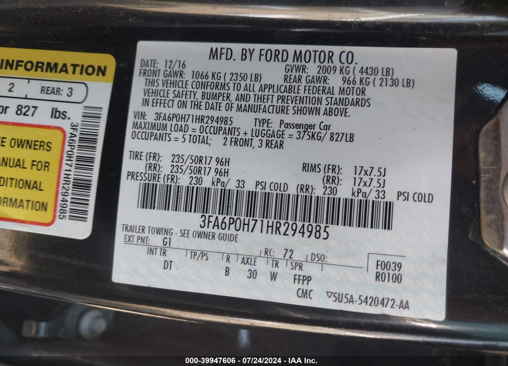2017 FORD FUSION SE VIN: 3FA6P0H71HR294985