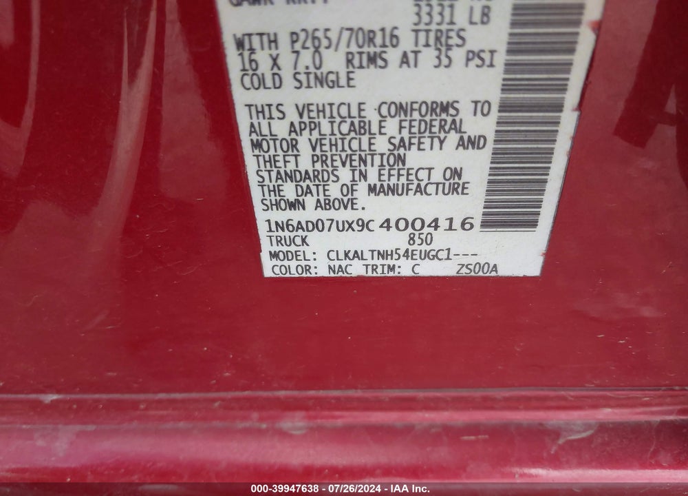 2009 NISSAN FRONTIER SE VIN: 1N6AD07UX9C400416