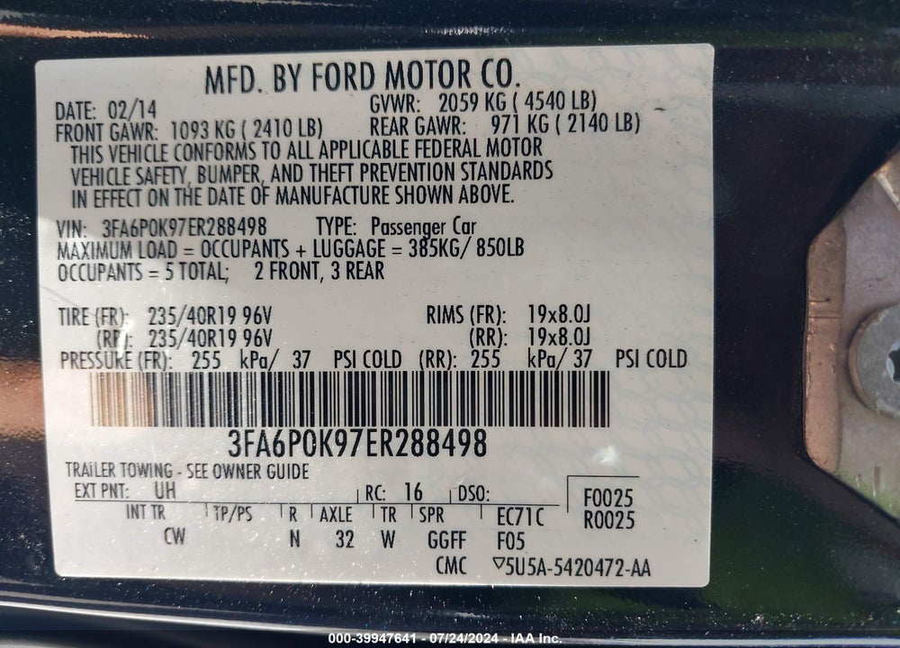 2014 FORD FUSION TITANIUM VIN: 3FA6P0K97ER288498