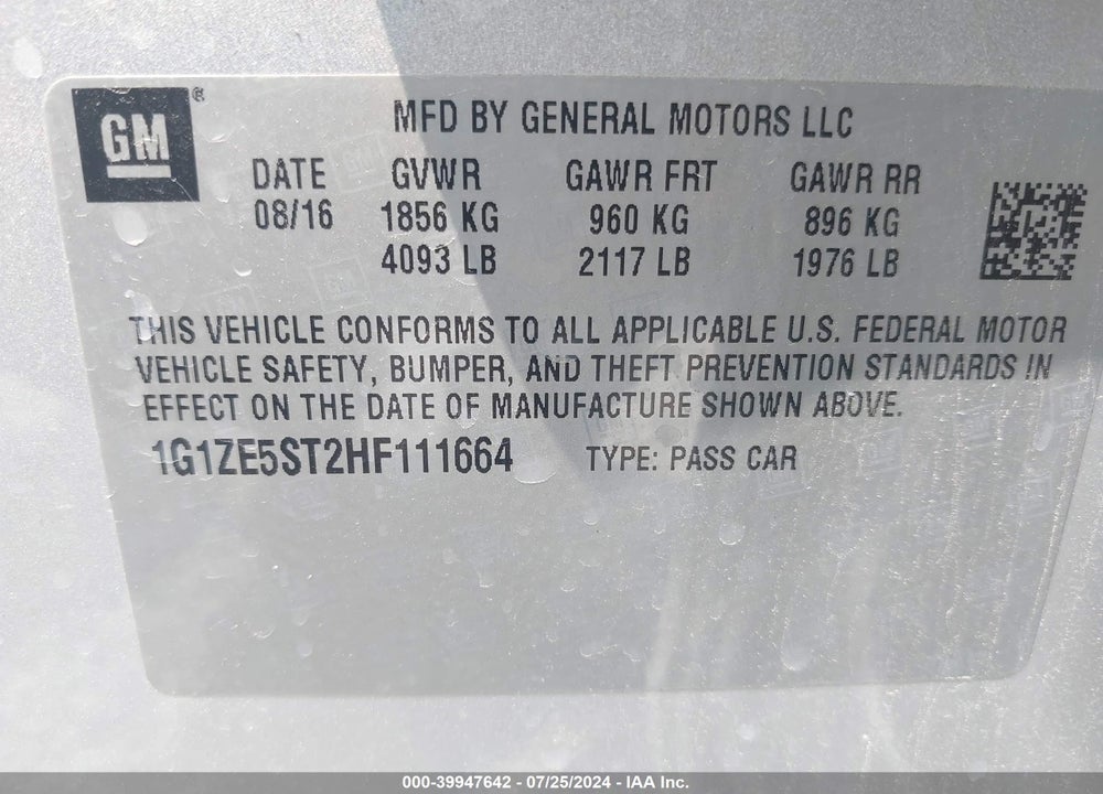 2017 CHEVROLET MALIBU 1LT VIN: 1G1ZE5ST2HF111664