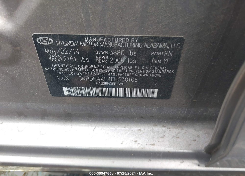 2014 HYUNDAI ELANTRA SE VIN: 5NPDH4AE4EH530106