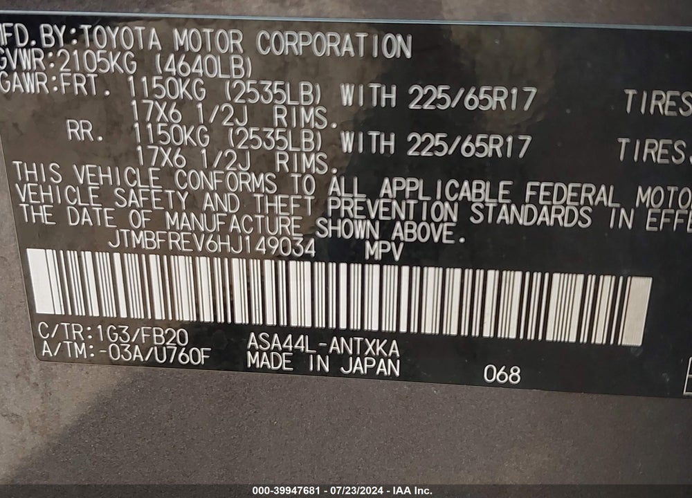 2017 TOYOTA RAV4 LE VIN: JTMBFREV6HJ149034