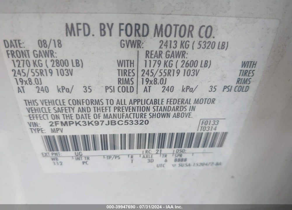 2018 FORD EDGE TITANIUM VIN: 2FMPK3K97JBC53320