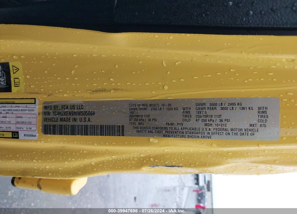 2021 JEEP WRANGLER UNLIMITED SAHARA 4X4 VIN: 1C4HJXEN9MW505664