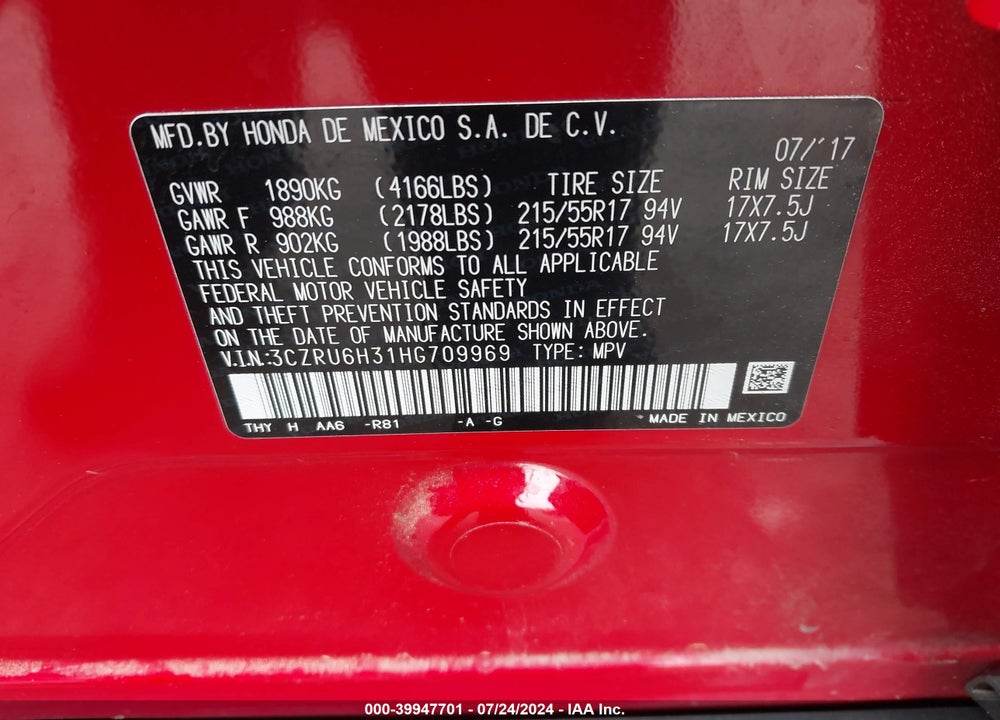 2017 HONDA HR-V LX VIN: 3CZRU6H31HG709969